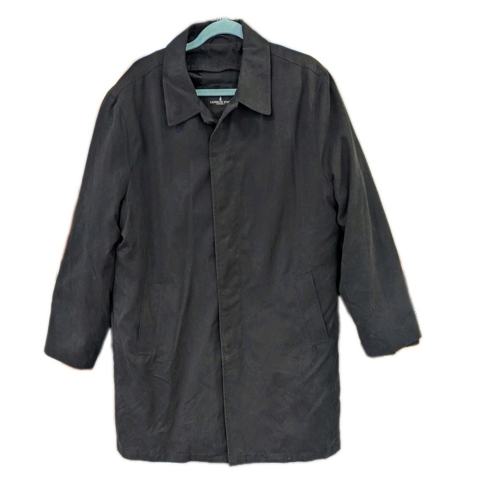 Vtg London Fog Men 44R Black Trench Coat Removable Liner Inside Pockets Classic